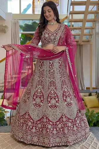 Shiny Pink Codding Embroidery Net Engagement Wear Lehenga With Blouse