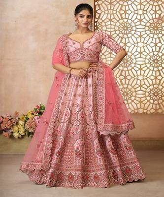 Embroidered Beads and Stones Semi Stitched Lehenga & Unstitched Blouse With Dupatta 1