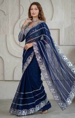 Blue Color Embroidery work of Malti Color Thread With Real Mirror Faux Georgette Saree 1