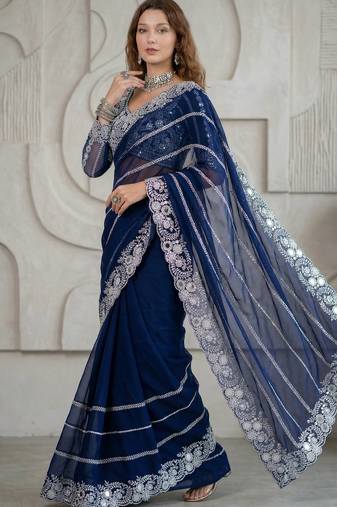 Blue Color Embroidery work of Malti Color Thread With Real Mirror Faux Georgette Saree