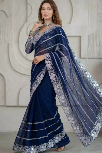 Blue Color Embroidery work of Malti Color Thread With Real Mirror Faux Georgette Saree