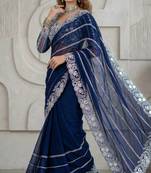 Blue Color Embroidery work of Malti Color Thread With Real Mirror Faux Georgette Saree