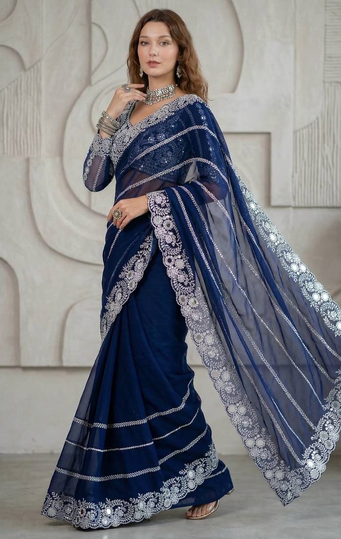 Blue Color Embroidery work of Malti Color Thread With Real Mirror Faux Georgette Saree