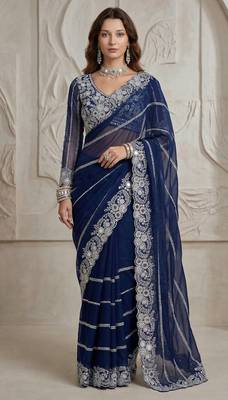 Blue Color Embroidery work of Malti Color Thread With Real Mirror Faux Georgette Saree 2