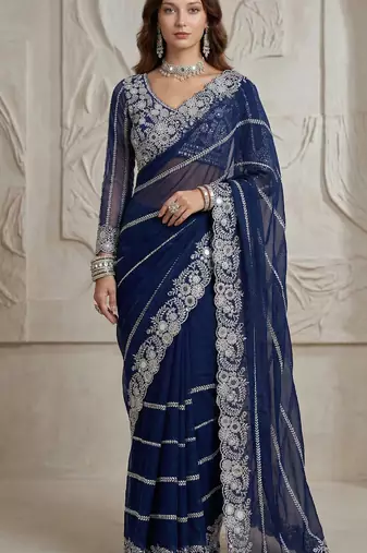 Blue Color Embroidery work of Malti Color Thread With Real Mirror Faux Georgette Saree