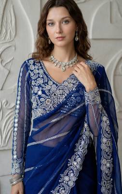 Blue Color Embroidery work of Malti Color Thread With Real Mirror Faux Georgette Saree 3