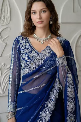 Blue Color Embroidery work of Malti Color Thread With Real Mirror Faux Georgette Saree