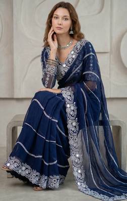 Blue Color Embroidery work of Malti Color Thread With Real Mirror Faux Georgette Saree 4