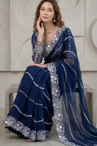 Blue Color Embroidery work of Malti Color Thread With Real Mirror Faux Georgette Saree