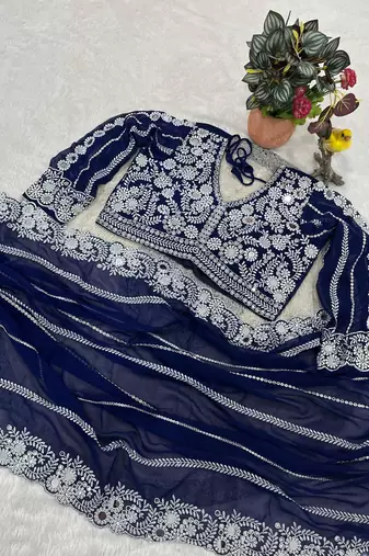 Blue Color Embroidery work of Malti Color Thread With Real Mirror Faux Georgette Saree