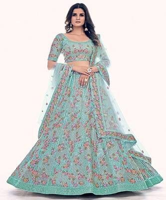 Floral Embroidered Net Semi Stitched Lehenga & Blouse With Dupatta 1