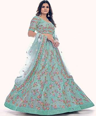 Floral Embroidered Net Semi Stitched Lehenga & Blouse With Dupatta 4