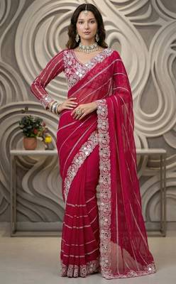 Rani pink Color Embroidery work of Malti Color Thread With Real Mirror Faux Georgette Saree 1