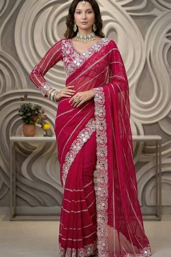 Rani pink Color Embroidery work of Malti Color Thread With Real Mirror Faux Georgette Saree
