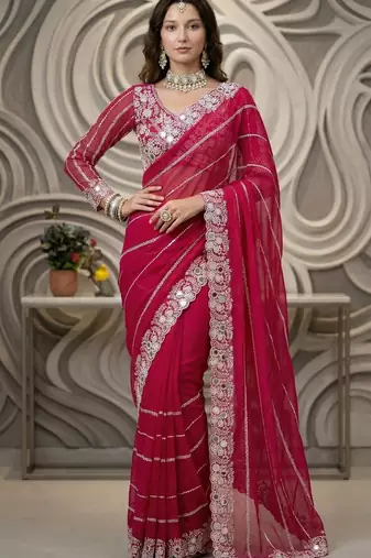 Rani pink Color Embroidery work of Malti Color Thread With Real Mirror Faux Georgette Saree