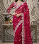 Rani pink Color Embroidery work of Malti Color Thread With Real Mirror Faux Georgette Saree
