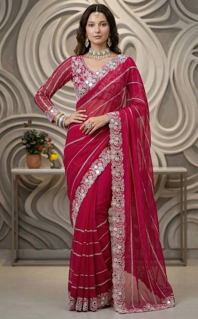 Rani pink Color Embroidery work of Malti Color Thread With Real Mirror Faux Georgette Saree