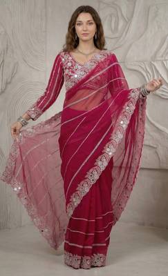 Rani pink Color Embroidery work of Malti Color Thread With Real Mirror Faux Georgette Saree 2