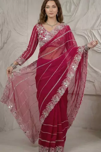 Rani pink Color Embroidery work of Malti Color Thread With Real Mirror Faux Georgette Saree