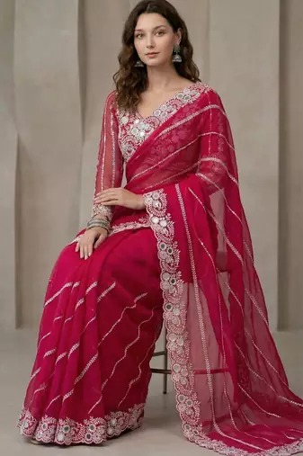 Rani pink Color Embroidery work of Malti Color Thread With Real Mirror Faux Georgette Saree