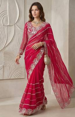 Rani pink Color Embroidery work of Malti Color Thread With Real Mirror Faux Georgette Saree 4
