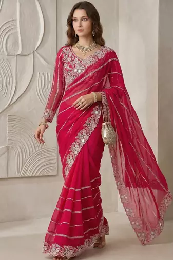 Rani pink Color Embroidery work of Malti Color Thread With Real Mirror Faux Georgette Saree