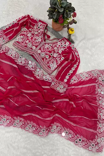 Rani pink Color Embroidery work of Malti Color Thread With Real Mirror Faux Georgette Saree