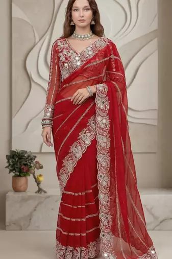 Red Color Embroidery work of Malti Color Thread With Real Mirror Faux Georgette Saree