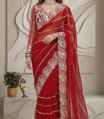 Red Color Embroidery work of Malti Color Thread With Real Mirror Faux Georgette Saree