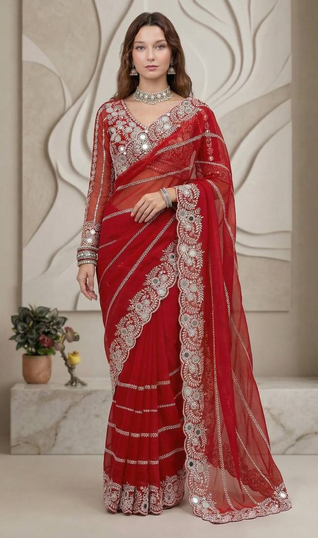 Red Color Embroidery work of Malti Color Thread With Real Mirror Faux Georgette Saree