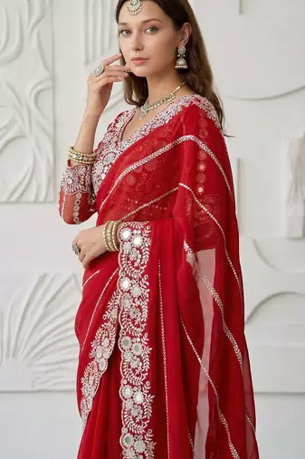 Red Color Embroidery work of Malti Color Thread With Real Mirror Faux Georgette Saree