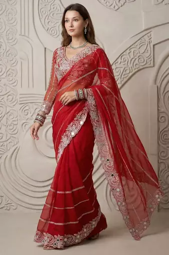 Red Color Embroidery work of Malti Color Thread With Real Mirror Faux Georgette Saree