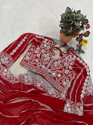 Red Color Embroidery work of Malti Color Thread With Real Mirror Faux Georgette Saree 4