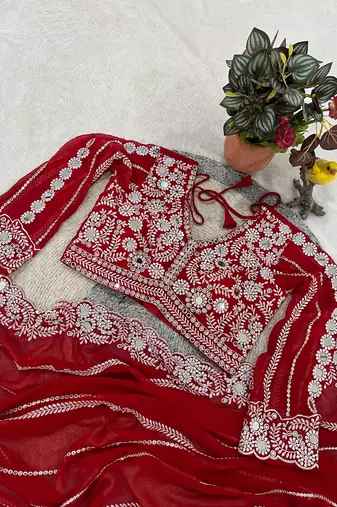 Red Color Embroidery work of Malti Color Thread With Real Mirror Faux Georgette Saree