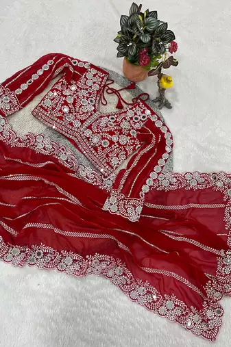 Red Color Embroidery work of Malti Color Thread With Real Mirror Faux Georgette Saree