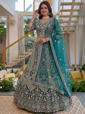 Notable Sea Green Sequins Net Reception Wear Lehenga Choli 1