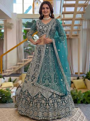Notable Sea Green Sequins Net Reception Wear Lehenga Choli 2