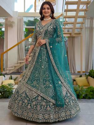 Notable Sea Green Sequins Net Reception Wear Lehenga Choli 3