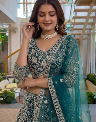 Notable Sea Green Sequins Net Reception Wear Lehenga Choli 5