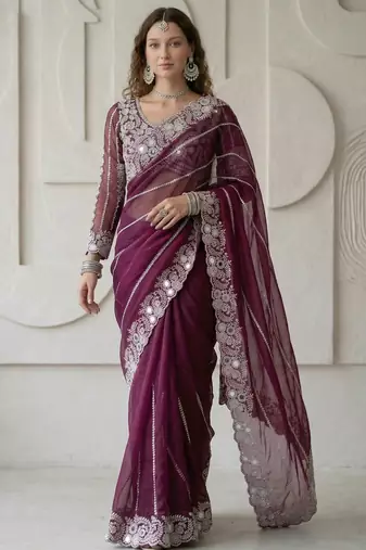 Wine Color Embroidery work of Malti Color Thread With Real Mirror Faux Georgette Saree