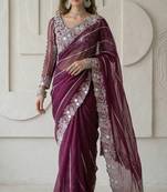 Wine Color Embroidery work of Malti Color Thread With Real Mirror Faux Georgette Saree