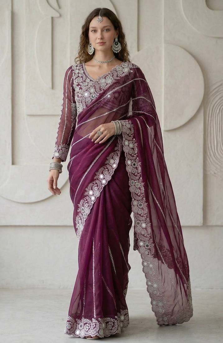 Wine Color Embroidery work of Malti Color Thread With Real Mirror Faux Georgette Saree