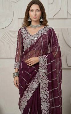 Wine Color Embroidery work of Malti Color Thread With Real Mirror Faux Georgette Saree 2