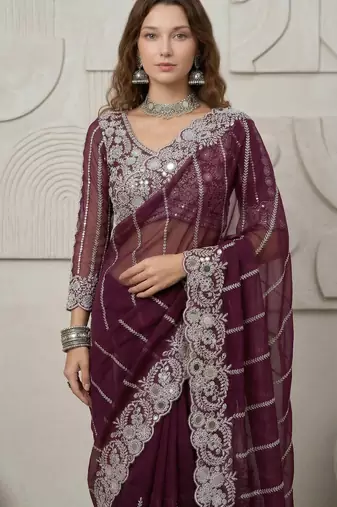 Wine Color Embroidery work of Malti Color Thread With Real Mirror Faux Georgette Saree