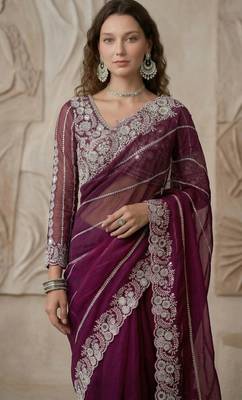 Wine Color Embroidery work of Malti Color Thread With Real Mirror Faux Georgette Saree 3