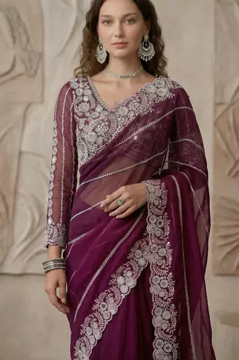 Wine Color Embroidery work of Malti Color Thread With Real Mirror Faux Georgette Saree
