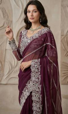 Wine Color Embroidery work of Malti Color Thread With Real Mirror Faux Georgette Saree 4