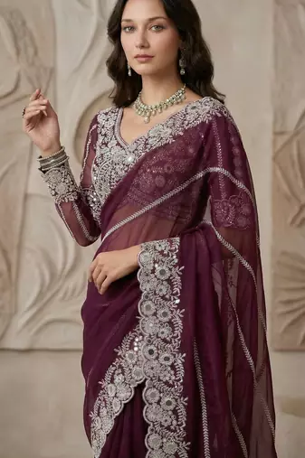 Wine Color Embroidery work of Malti Color Thread With Real Mirror Faux Georgette Saree