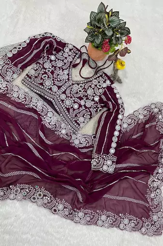 Wine Color Embroidery work of Malti Color Thread With Real Mirror Faux Georgette Saree
