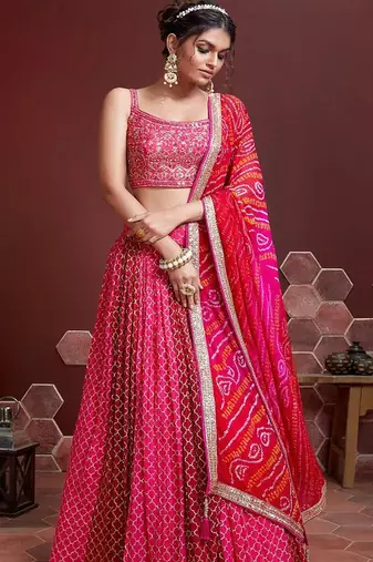 Pink & Red Embellished Mirror Work Khari Print Semi Stitched Lehenga & Unstitched Blouse With Dupatta